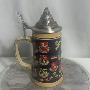 Vintage German Beer Stein Deutschland Crests Pewter Lid Ceramic Mug Collectible